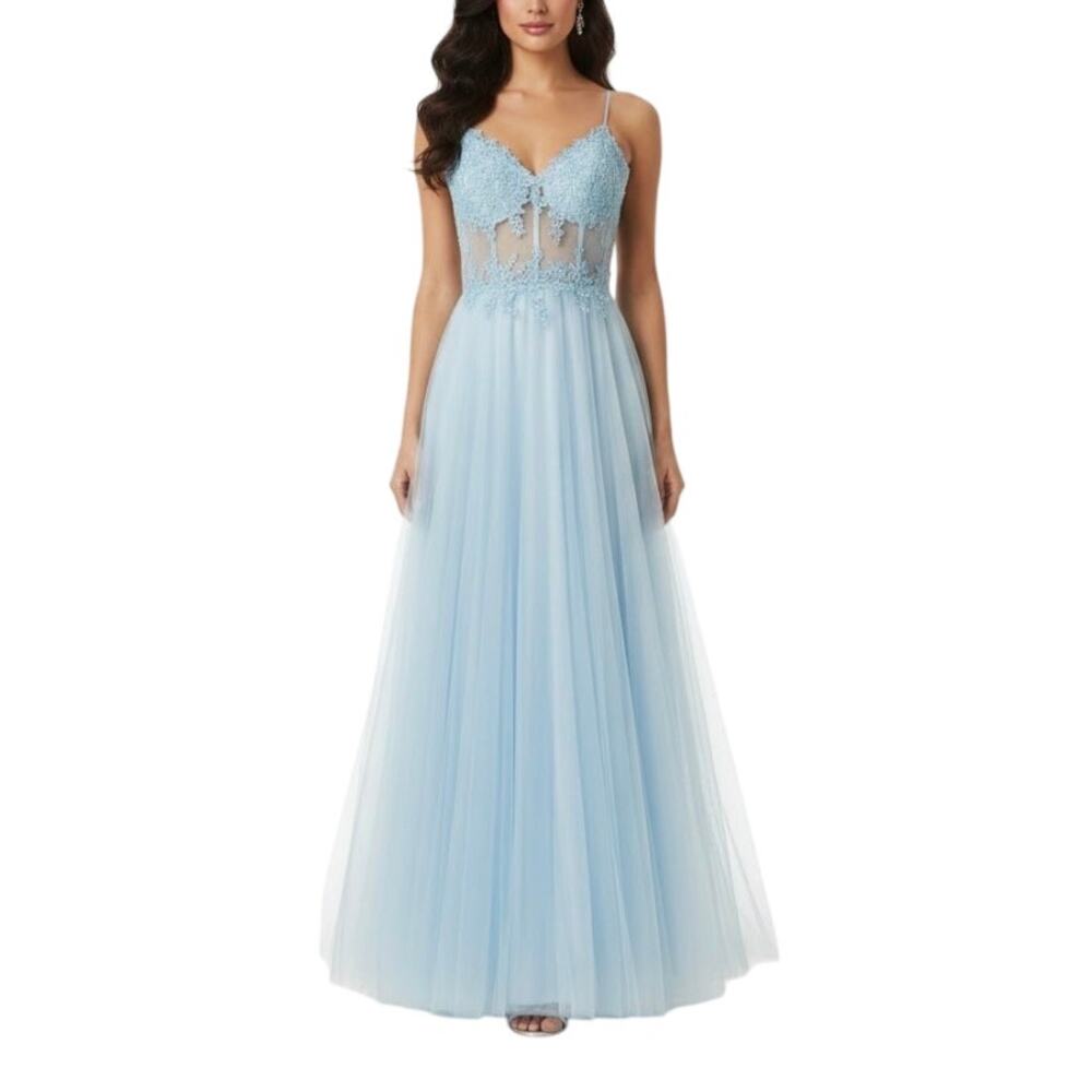 Blondie Nites Blue Evening Gown Beaded Sheer Lace A-Line Formal Dress Size 13